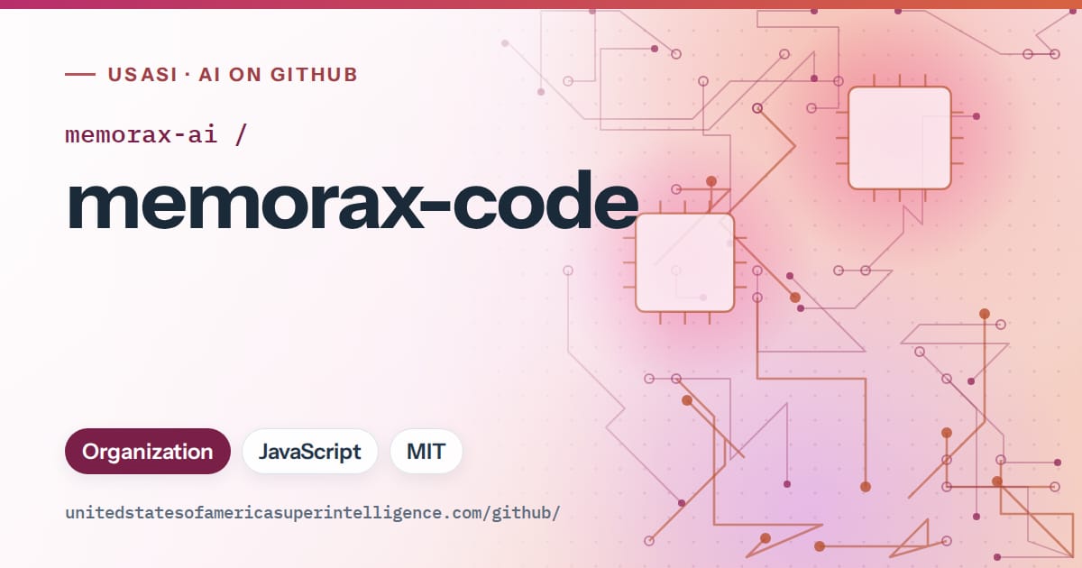 Generated pink circuit-trace artwork for memorax-ai/memorax-code, labeled USASI · AI on GitHub, with Organization · JavaScript · MIT.