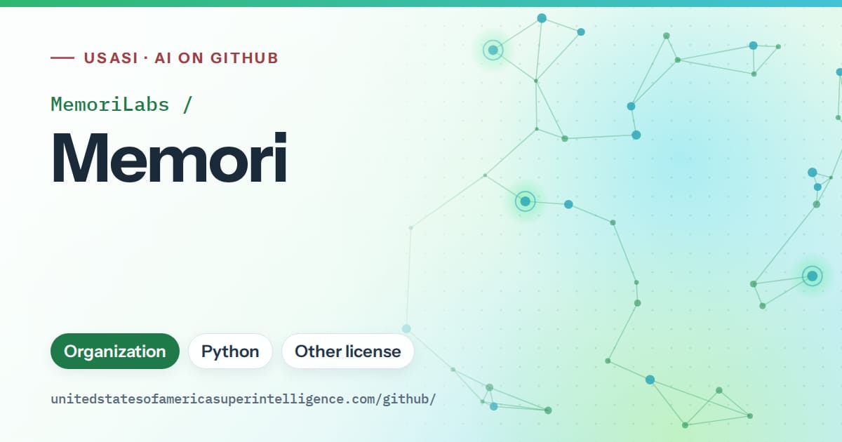 Generated green constellation network artwork for MemoriLabs/Memori, labeled USASI · AI on GitHub, with Organization · Python · Other license.