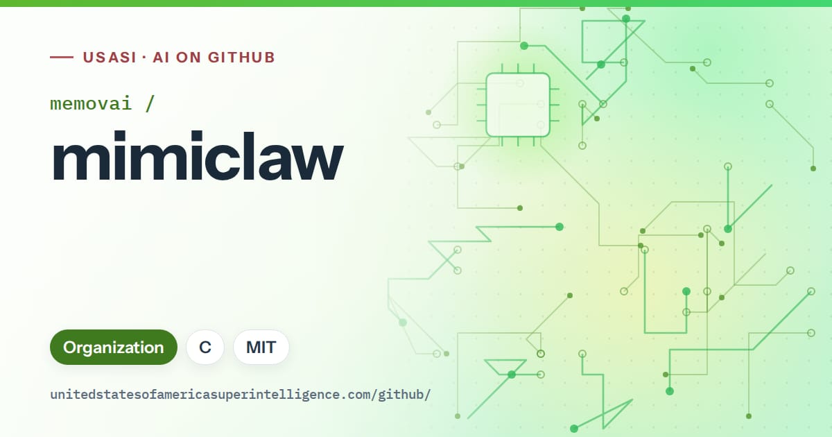 Generated green circuit-trace artwork for memovai/mimiclaw, labeled USASI · AI on GitHub, with Organization · C · MIT.
