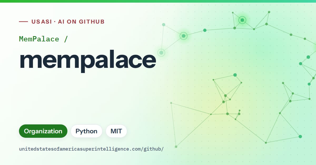Generated green constellation network artwork for MemPalace/mempalace, labeled USASI · AI on GitHub, with Organization · Python · MIT.