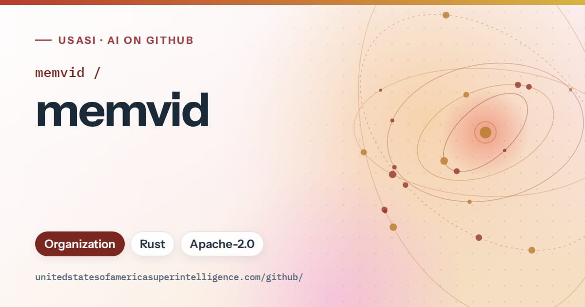 Generated red orbit artwork for memvid/memvid, labeled USASI · AI on GitHub, with Organization · Rust · Apache-2.0.