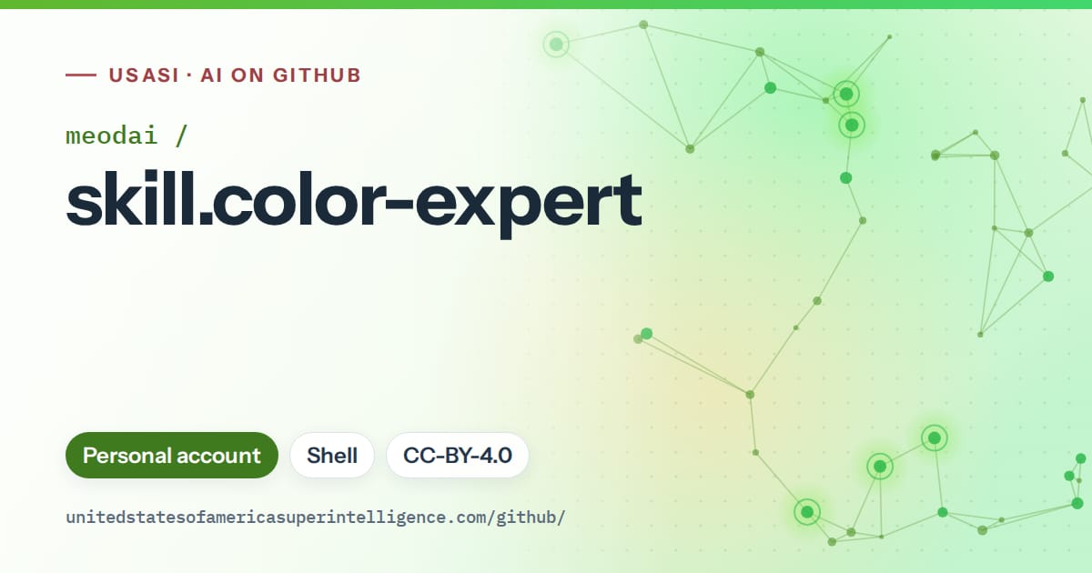 Generated green constellation network artwork for meodai/skill.color-expert, labeled USASI · AI on GitHub, with Personal account · Shell · CC-BY-4.0.