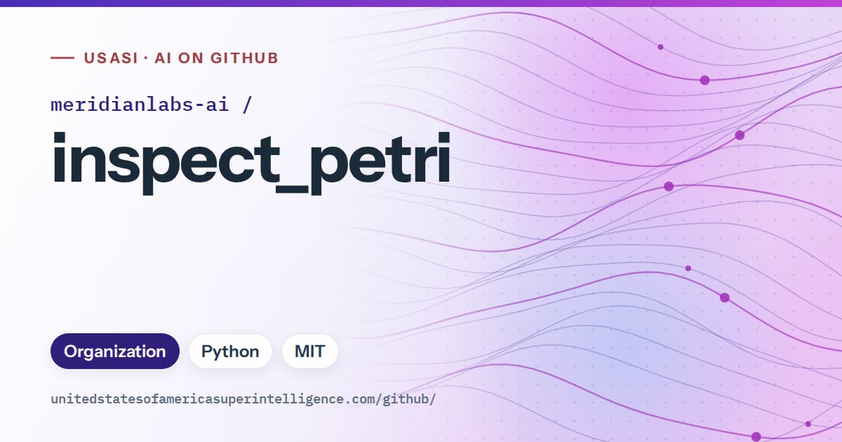 Generated violet flowing-wave artwork for meridianlabs-ai/inspect_petri, labeled USASI · AI on GitHub, with Organization · Python · MIT.