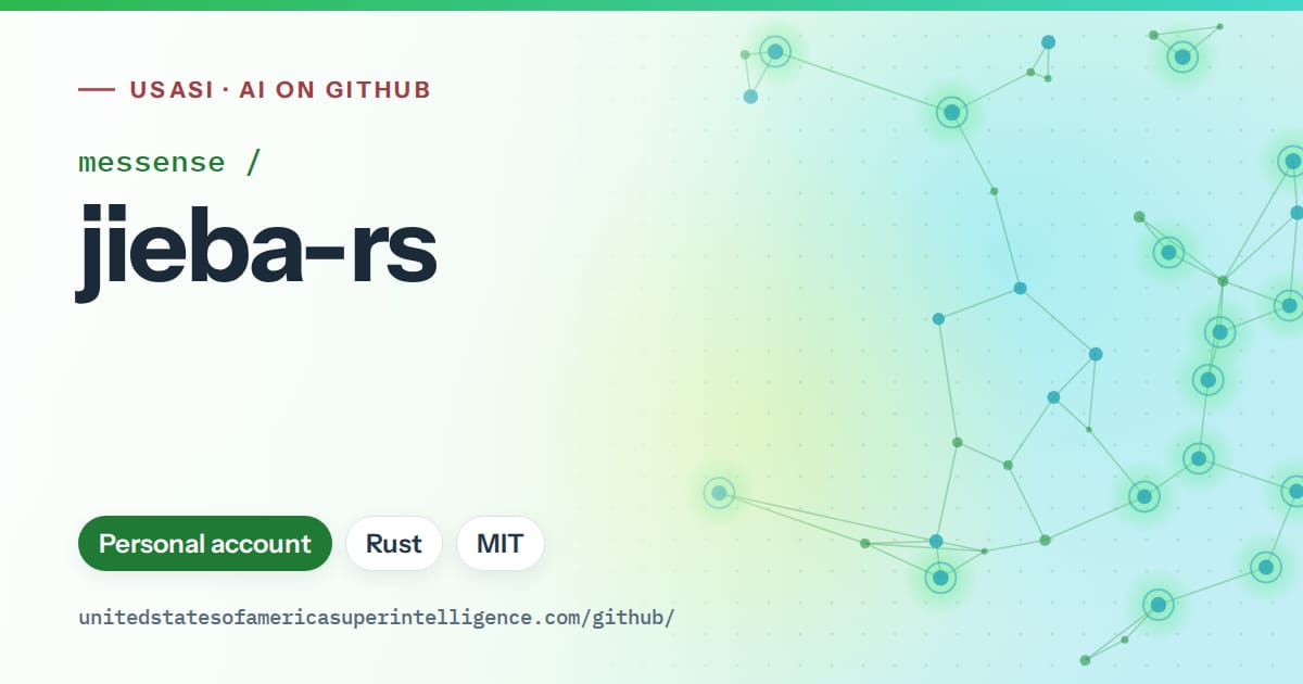 Generated green constellation network artwork for messense/jieba-rs, labeled USASI · AI on GitHub, with Personal account · Rust · MIT.