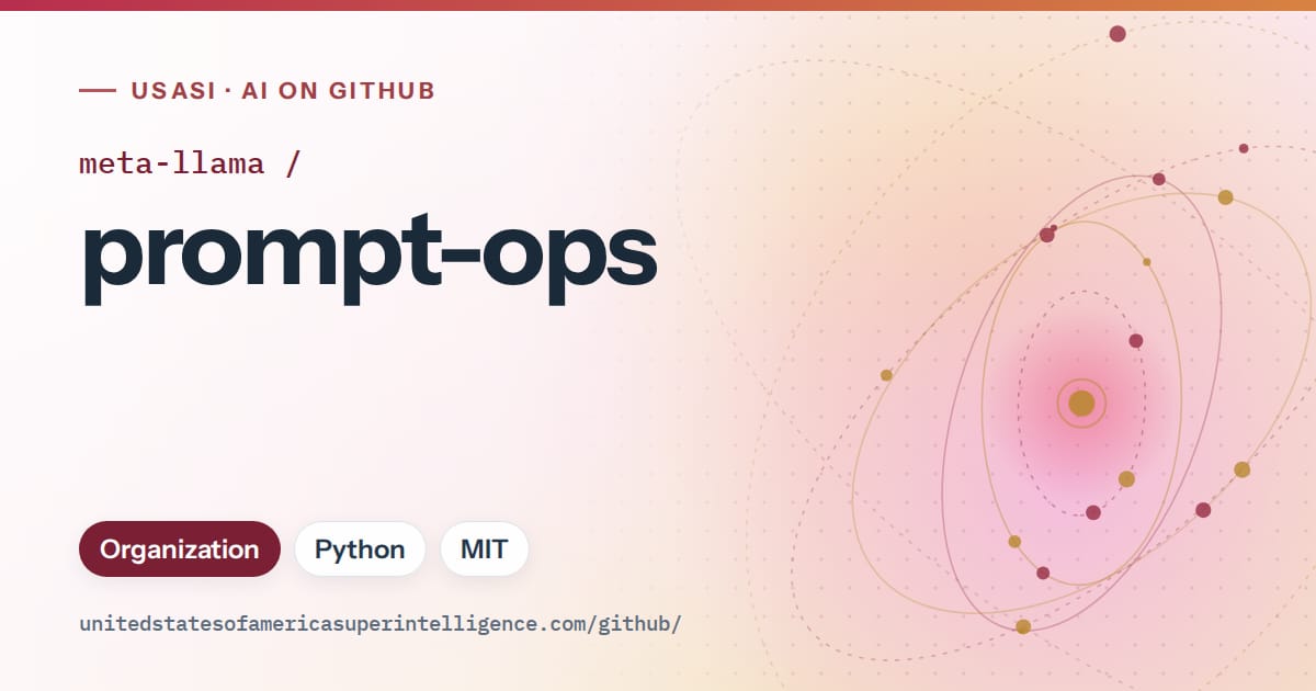 Generated red orbit artwork for meta-llama/prompt-ops, labeled USASI · AI on GitHub, with Organization · Python · MIT.