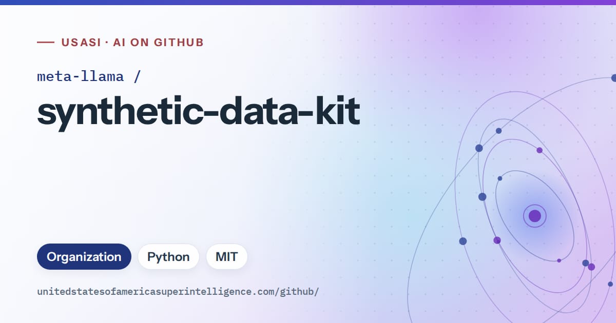 Generated blue orbit artwork for meta-llama/synthetic-data-kit, labeled USASI · AI on GitHub, with Organization · Python · MIT.