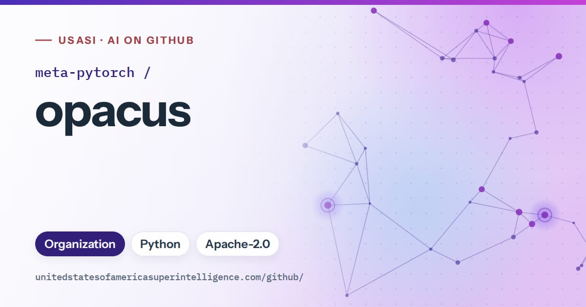 Generated violet constellation network artwork for meta-pytorch/opacus, labeled USASI · AI on GitHub, with Organization · Python · Apache-2.0.