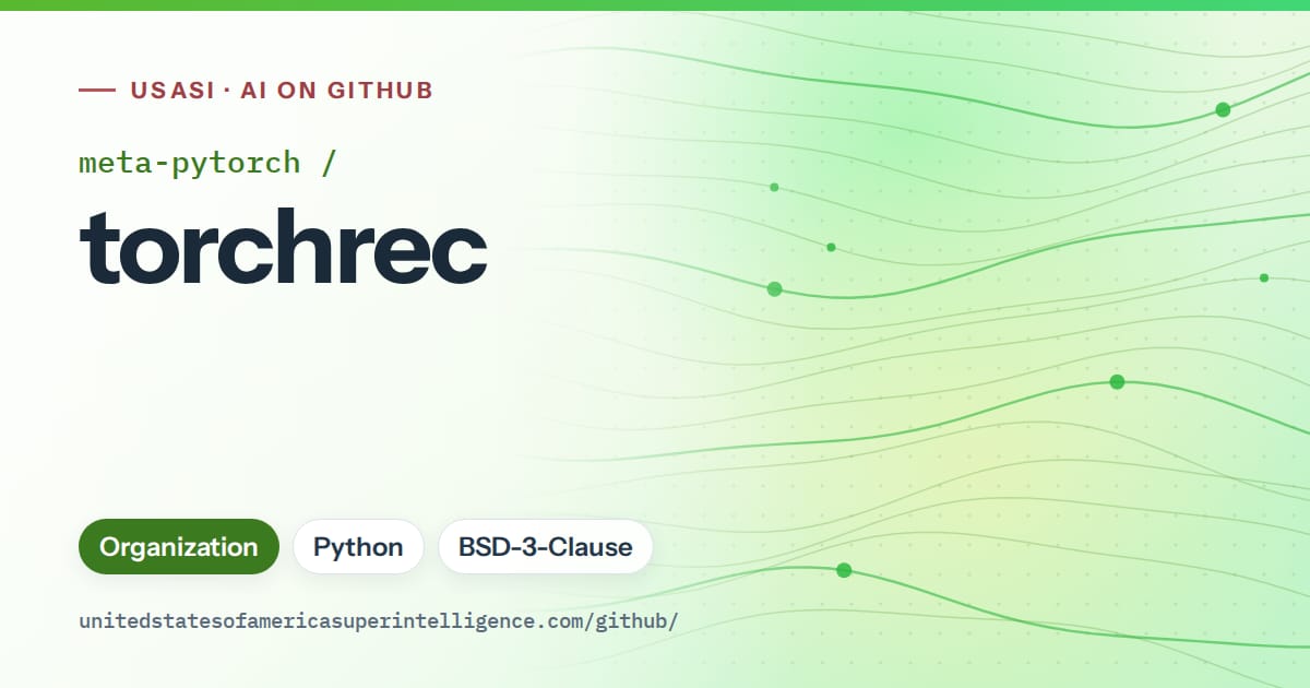 Generated green flowing-wave artwork for meta-pytorch/torchrec, labeled USASI · AI on GitHub, with Organization · Python · BSD-3-Clause.