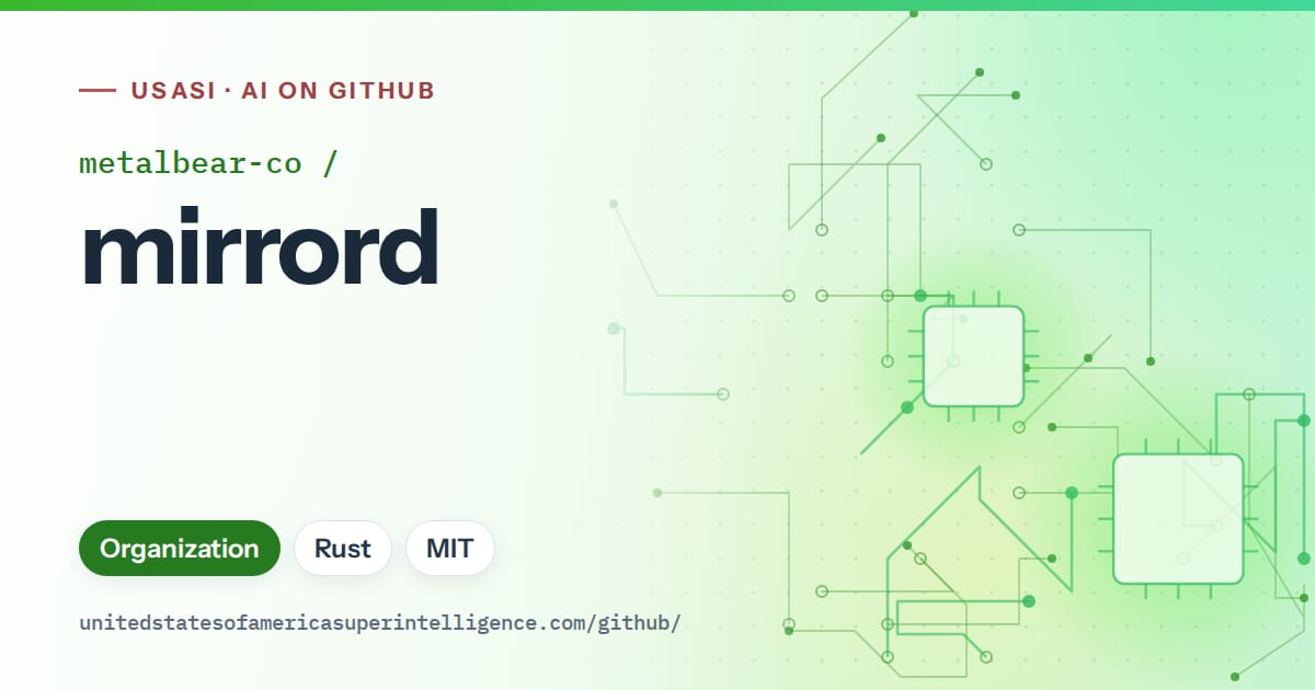Generated green circuit-trace artwork for metalbear-co/mirrord, labeled USASI · AI on GitHub, with Organization · Rust · MIT.