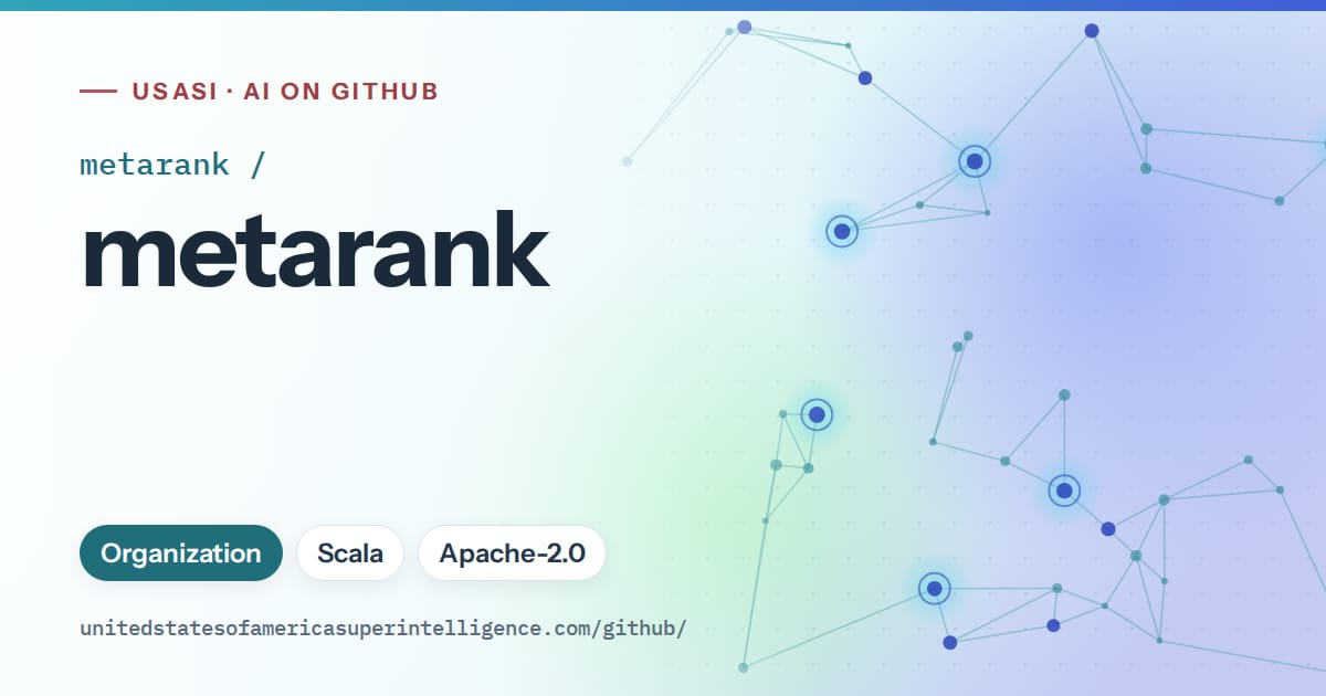 Generated teal constellation network artwork for metarank/metarank, labeled USASI · AI on GitHub, with Organization · Scala · Apache-2.0.