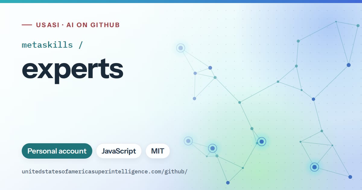 Generated teal constellation network artwork for metaskills/experts, labeled USASI · AI on GitHub, with Personal account · JavaScript · MIT.