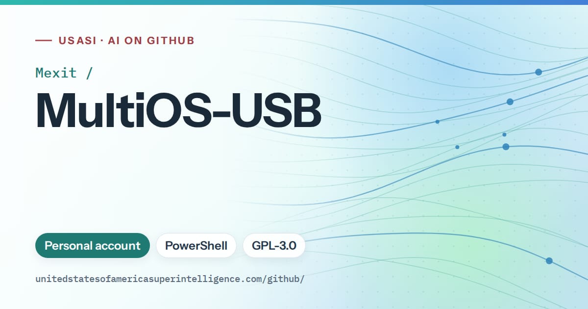Generated teal flowing-wave artwork for Mexit/MultiOS-USB, labeled USASI · AI on GitHub, with Personal account · PowerShell · GPL-3.0.