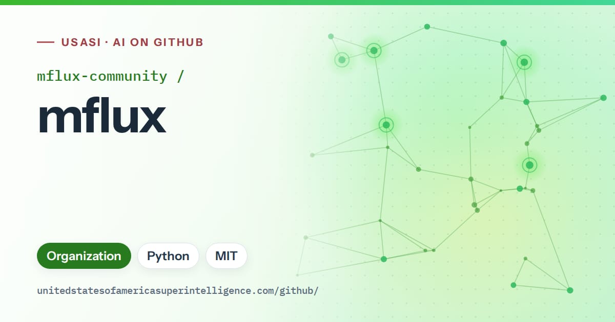 Generated green constellation network artwork for mflux-community/mflux, labeled USASI · AI on GitHub, with Organization · Python · MIT.