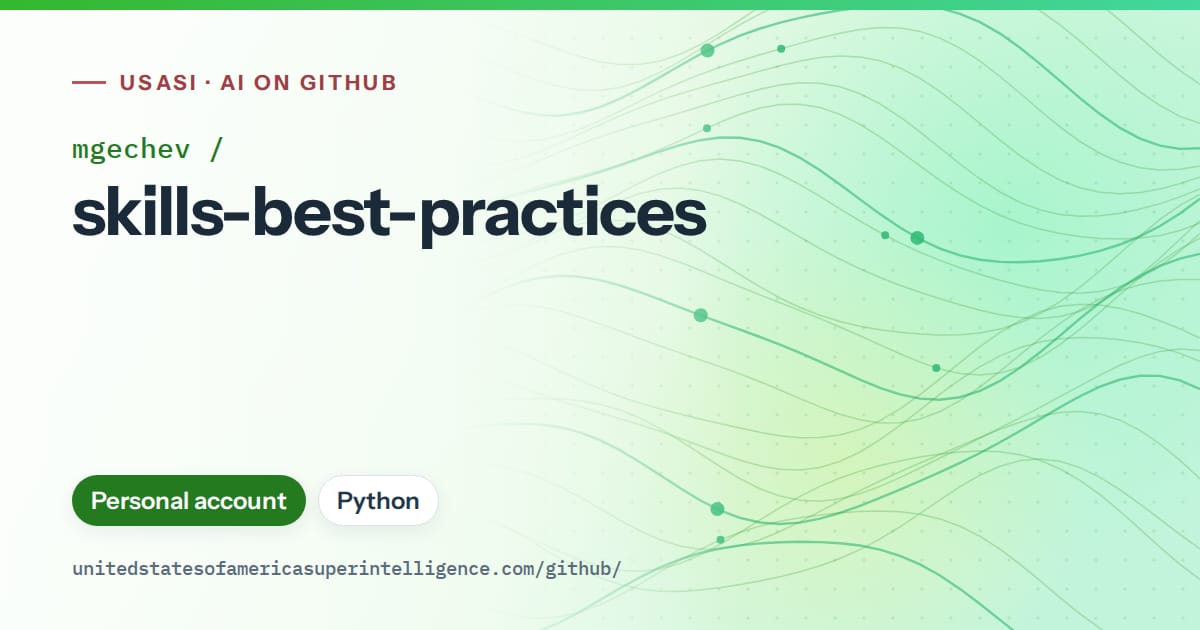 Generated green flowing-wave artwork for mgechev/skills-best-practices, labeled USASI · AI on GitHub, with Personal account · Python.