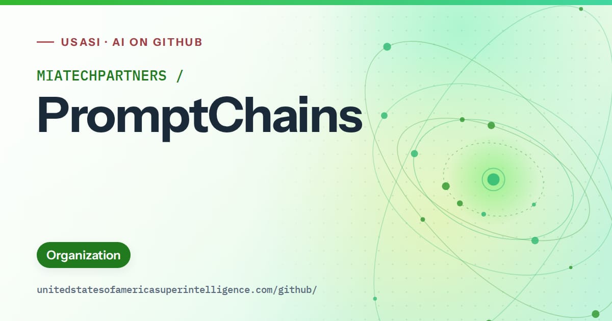 Generated green orbit artwork for MIATECHPARTNERS/PromptChains, labeled USASI · AI on GitHub, with Organization.