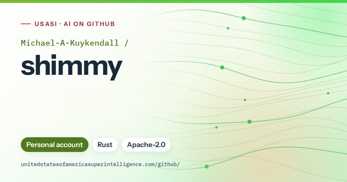 Generated green flowing-wave artwork for Michael-A-Kuykendall/shimmy, labeled USASI · AI on GitHub, with Personal account · Rust · Apache-2.0.