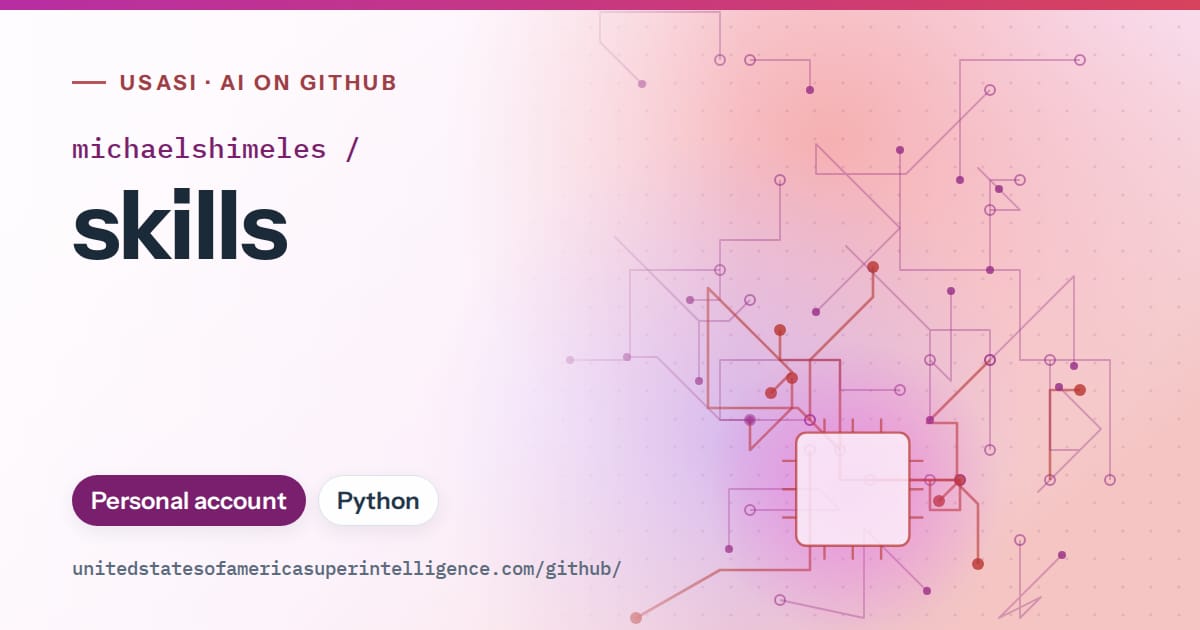 Generated purple circuit-trace artwork for michaelshimeles/skills, labeled USASI · AI on GitHub, with Personal account · Python.