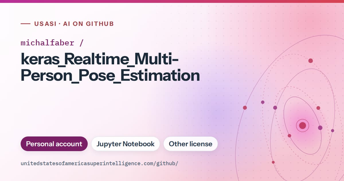 Generated purple orbit artwork for michalfaber/keras_Realtime_Multi-Person_Pose_Estimation, labeled USASI · AI on GitHub, with Personal account · Jupyter Notebook · Other license.