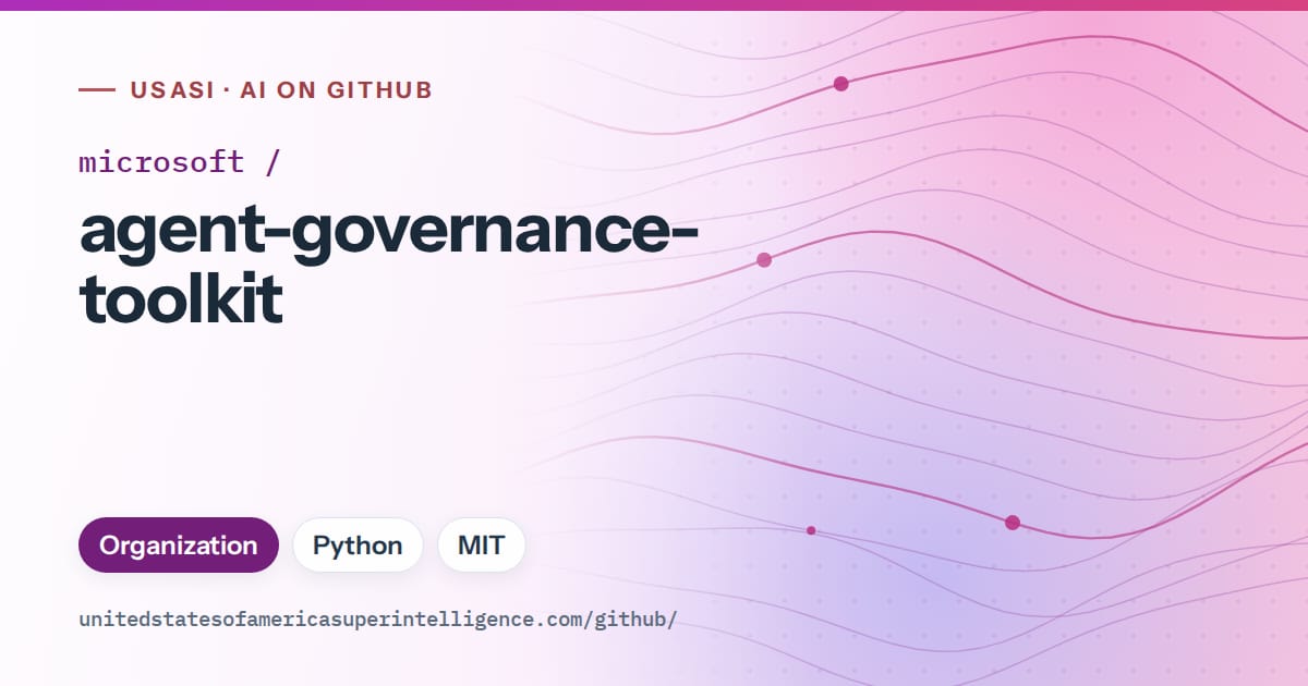 Generated purple flowing-wave artwork for microsoft/agent-governance-toolkit, labeled USASI · AI on GitHub, with Organization · Python · MIT.