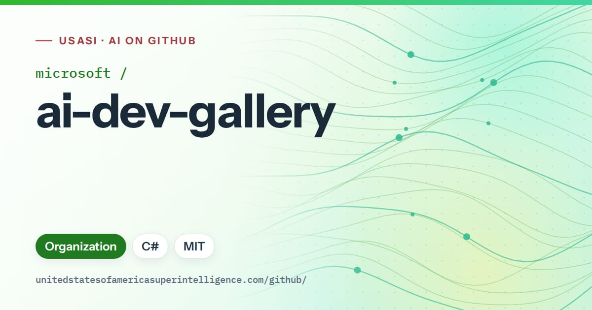 Generated green flowing-wave artwork for microsoft/ai-dev-gallery, labeled USASI · AI on GitHub, with Organization · C# · MIT.