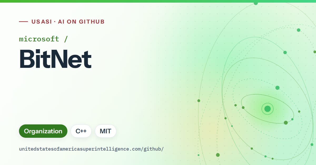 Generated green orbit artwork for microsoft/BitNet, labeled USASI · AI on GitHub, with Organization · C++ · MIT.