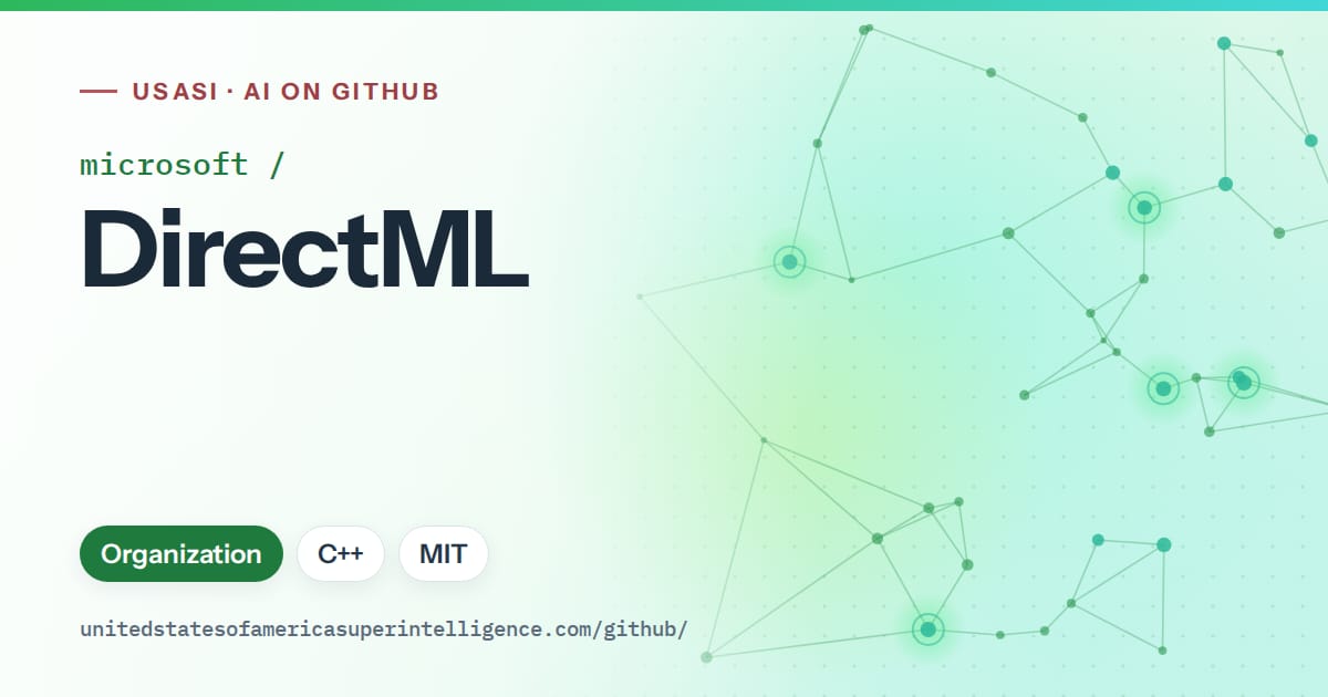 Generated green constellation network artwork for microsoft/DirectML, labeled USASI · AI on GitHub, with Organization · C++ · MIT.