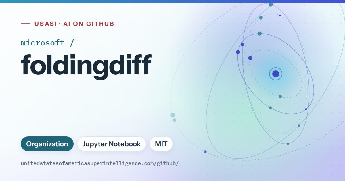 Generated sky blue orbit artwork for microsoft/foldingdiff, labeled USASI · AI on GitHub, with Organization · Jupyter Notebook · MIT.