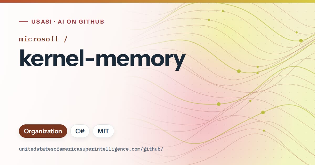 Generated orange flowing-wave artwork for microsoft/kernel-memory, labeled USASI · AI on GitHub, with Organization · C# · MIT.