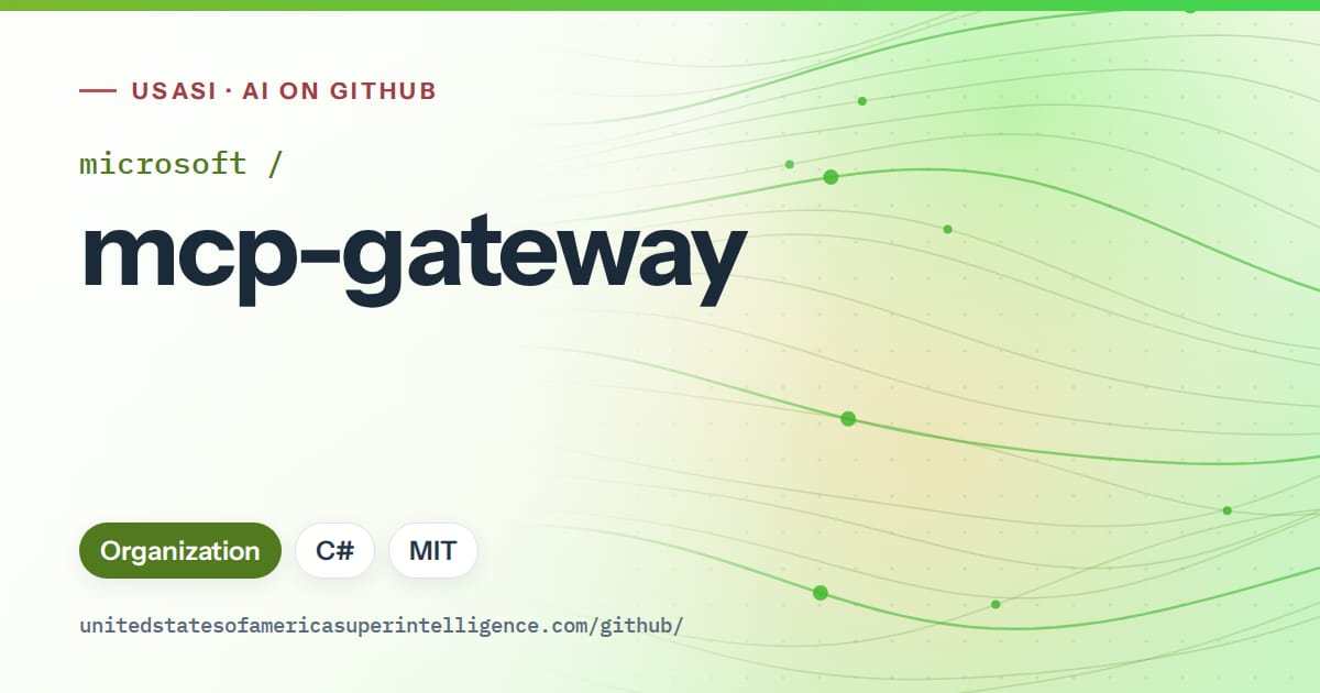 Generated green flowing-wave artwork for microsoft/mcp-gateway, labeled USASI · AI on GitHub, with Organization · C# · MIT.