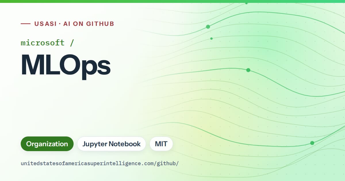 Generated green flowing-wave artwork for microsoft/MLOps, labeled USASI · AI on GitHub, with Organization · Jupyter Notebook · MIT.