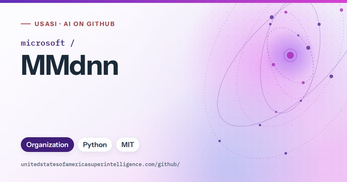 Generated violet orbit artwork for microsoft/MMdnn, labeled USASI · AI on GitHub, with Organization · Python · MIT.