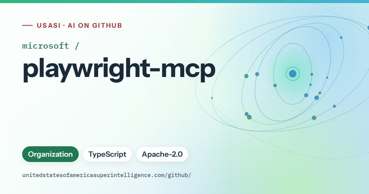 Generated teal orbit artwork for microsoft/playwright-mcp, labeled USASI · AI on GitHub, with Organization · TypeScript · Apache-2.0.