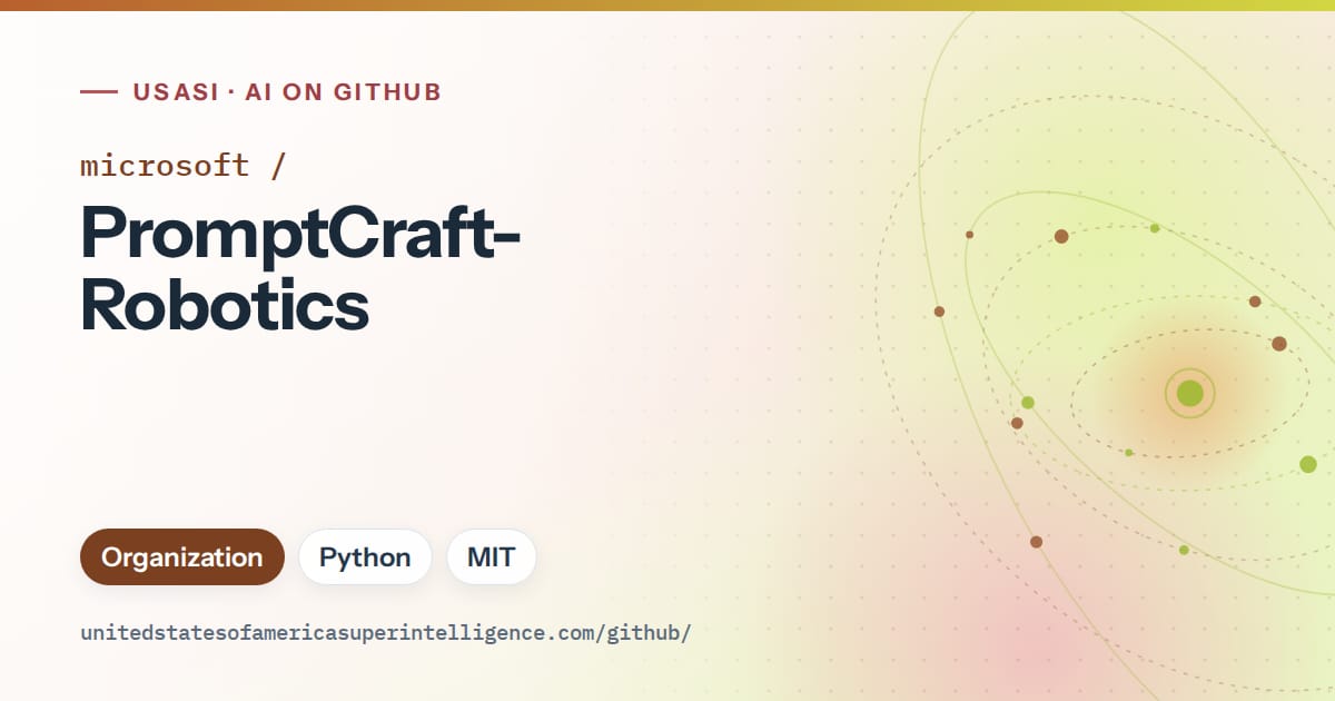 Generated orange orbit artwork for microsoft/PromptCraft-Robotics, labeled USASI · AI on GitHub, with Organization · Python · MIT.