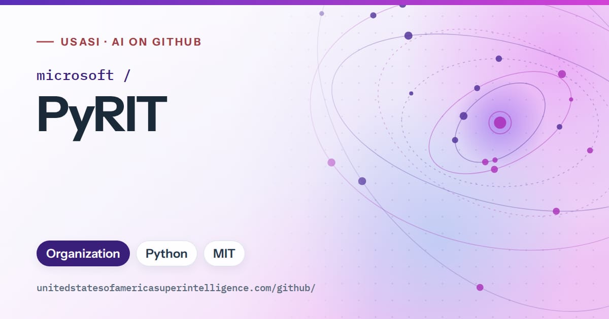 Generated violet orbit artwork for microsoft/PyRIT, labeled USASI · AI on GitHub, with Organization · Python · MIT.