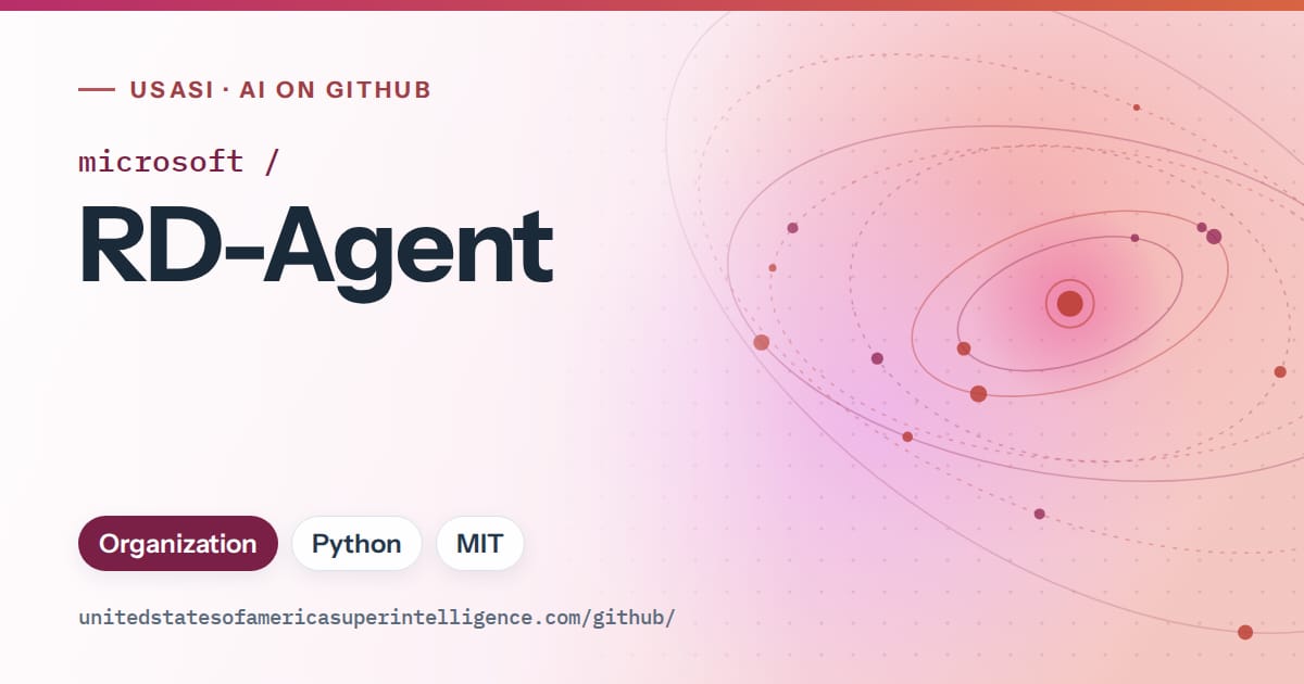 Generated pink orbit artwork for microsoft/RD-Agent, labeled USASI · AI on GitHub, with Organization · Python · MIT.
