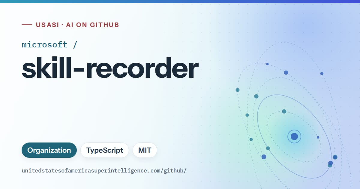 Generated sky blue orbit artwork for microsoft/skill-recorder, labeled USASI · AI on GitHub, with Organization · TypeScript · MIT.