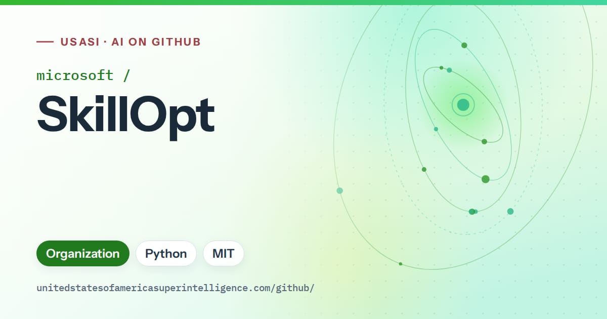 Generated green orbit artwork for microsoft/SkillOpt, labeled USASI · AI on GitHub, with Organization · Python · MIT.