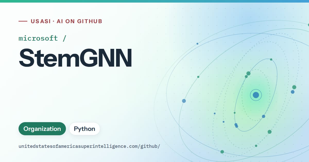 Generated teal orbit artwork for microsoft/StemGNN, labeled USASI · AI on GitHub, with Organization · Python.