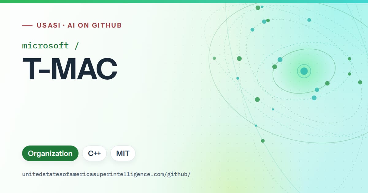 Generated green orbit artwork for microsoft/T-MAC, labeled USASI · AI on GitHub, with Organization · C++ · MIT.