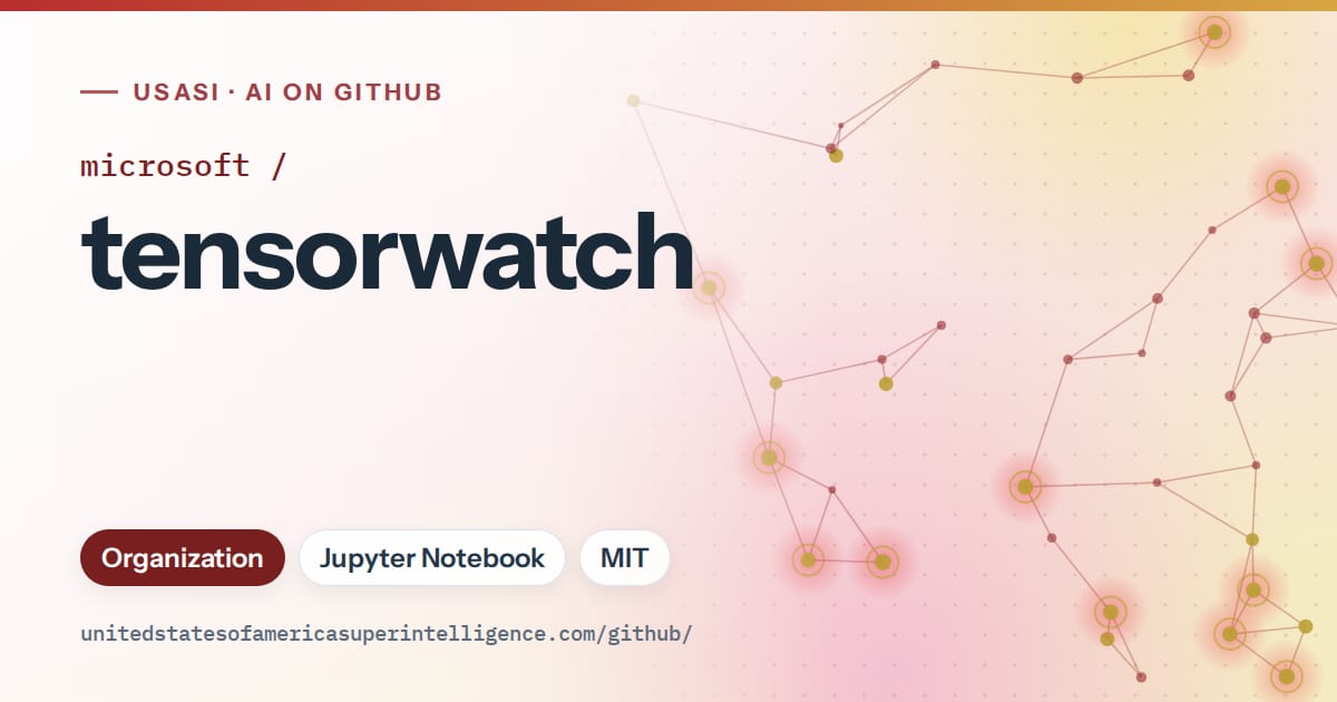 Generated red constellation network artwork for microsoft/tensorwatch, labeled USASI · AI on GitHub, with Organization · Jupyter Notebook · MIT.