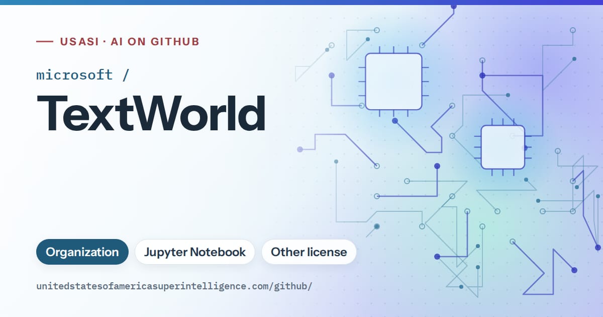 Generated sky blue circuit-trace artwork for microsoft/TextWorld, labeled USASI · AI on GitHub, with Organization · Jupyter Notebook · Other license.
