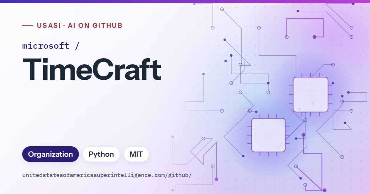 Generated blue circuit-trace artwork for microsoft/TimeCraft, labeled USASI · AI on GitHub, with Organization · Python · MIT.