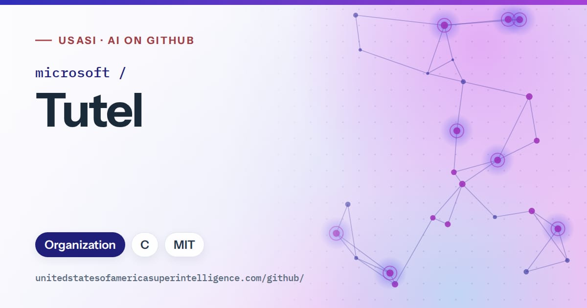 Generated blue constellation network artwork for microsoft/Tutel, labeled USASI · AI on GitHub, with Organization · C · MIT.