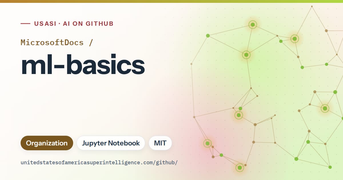 Generated orange constellation network artwork for MicrosoftDocs/ml-basics, labeled USASI · AI on GitHub, with Organization · Jupyter Notebook · MIT.