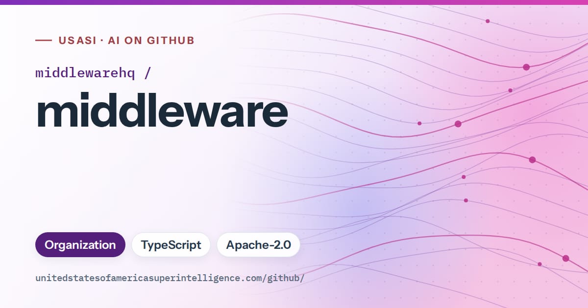 Generated violet flowing-wave artwork for middlewarehq/middleware, labeled USASI · AI on GitHub, with Organization · TypeScript · Apache-2.0.