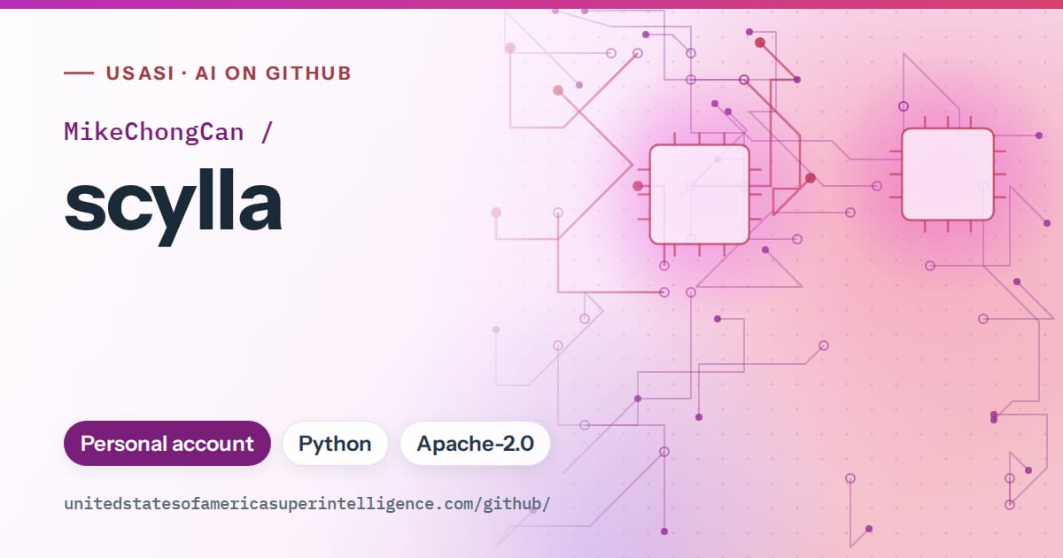 Generated purple circuit-trace artwork for MikeChongCan/scylla, labeled USASI · AI on GitHub, with Personal account · Python · Apache-2.0.