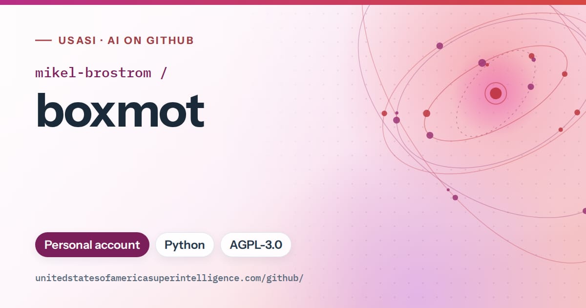 Generated pink orbit artwork for mikel-brostrom/boxmot, labeled USASI · AI on GitHub, with Personal account · Python · AGPL-3.0.