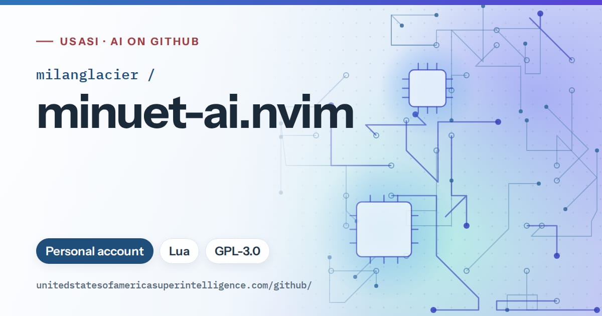 Generated sky blue circuit-trace artwork for milanglacier/minuet-ai.nvim, labeled USASI · AI on GitHub, with Personal account · Lua · GPL-3.0.