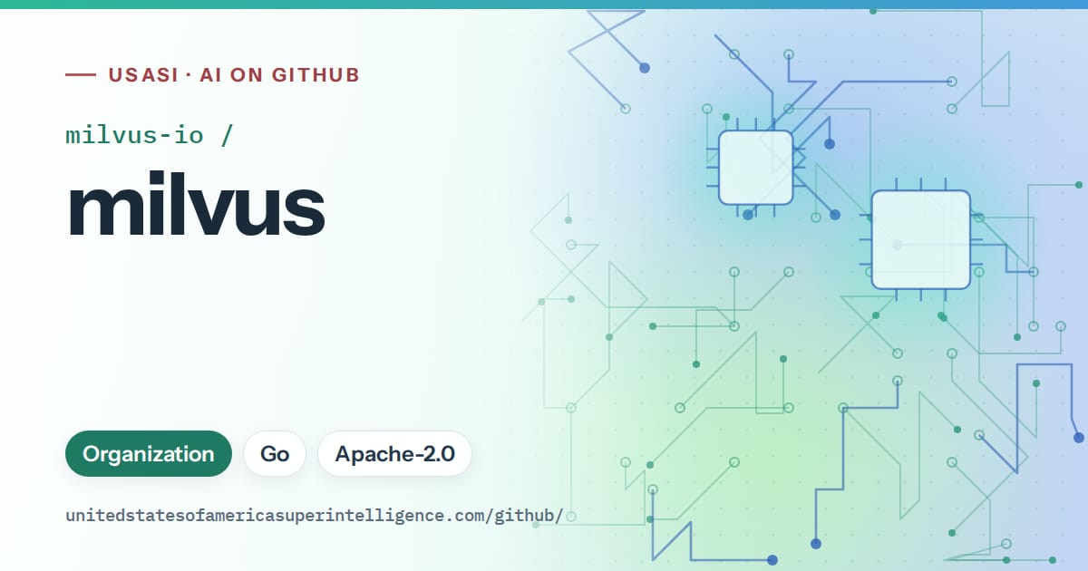 Generated teal circuit-trace artwork for milvus-io/milvus, labeled USASI · AI on GitHub, with Organization · Go · Apache-2.0.