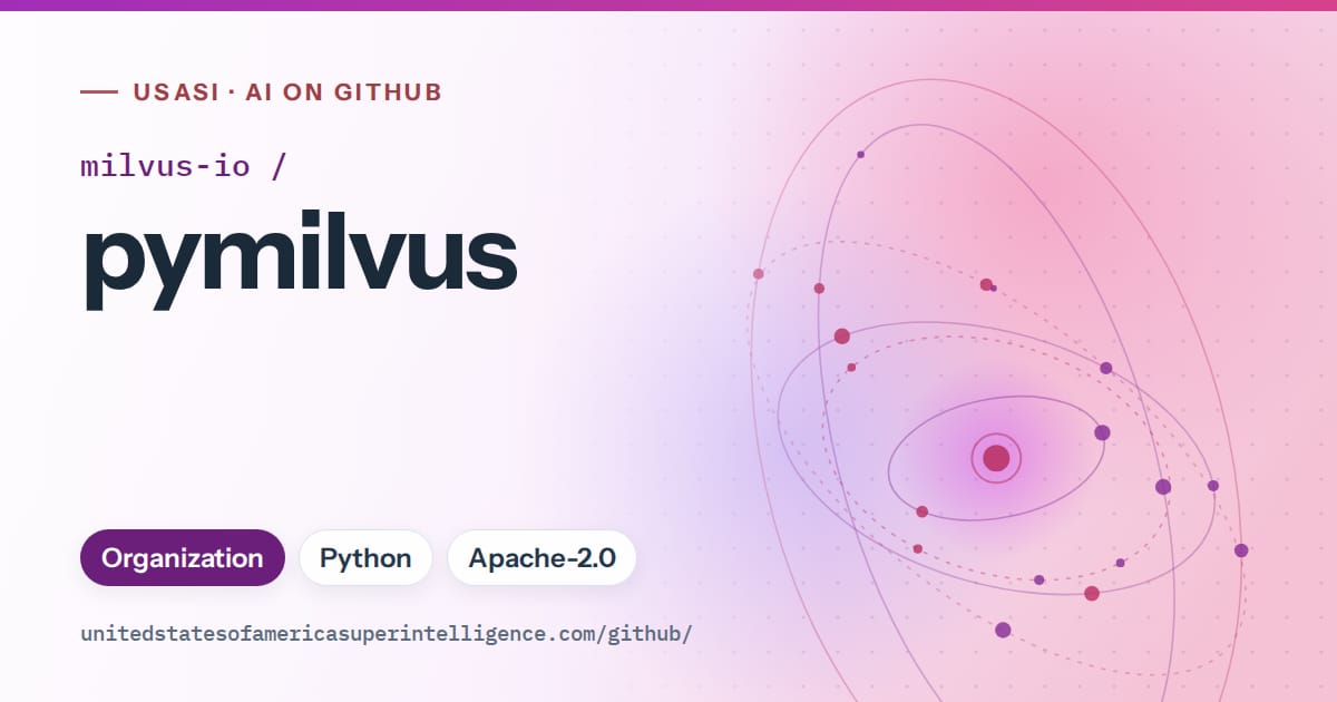 Generated purple orbit artwork for milvus-io/pymilvus, labeled USASI · AI on GitHub, with Organization · Python · Apache-2.0.